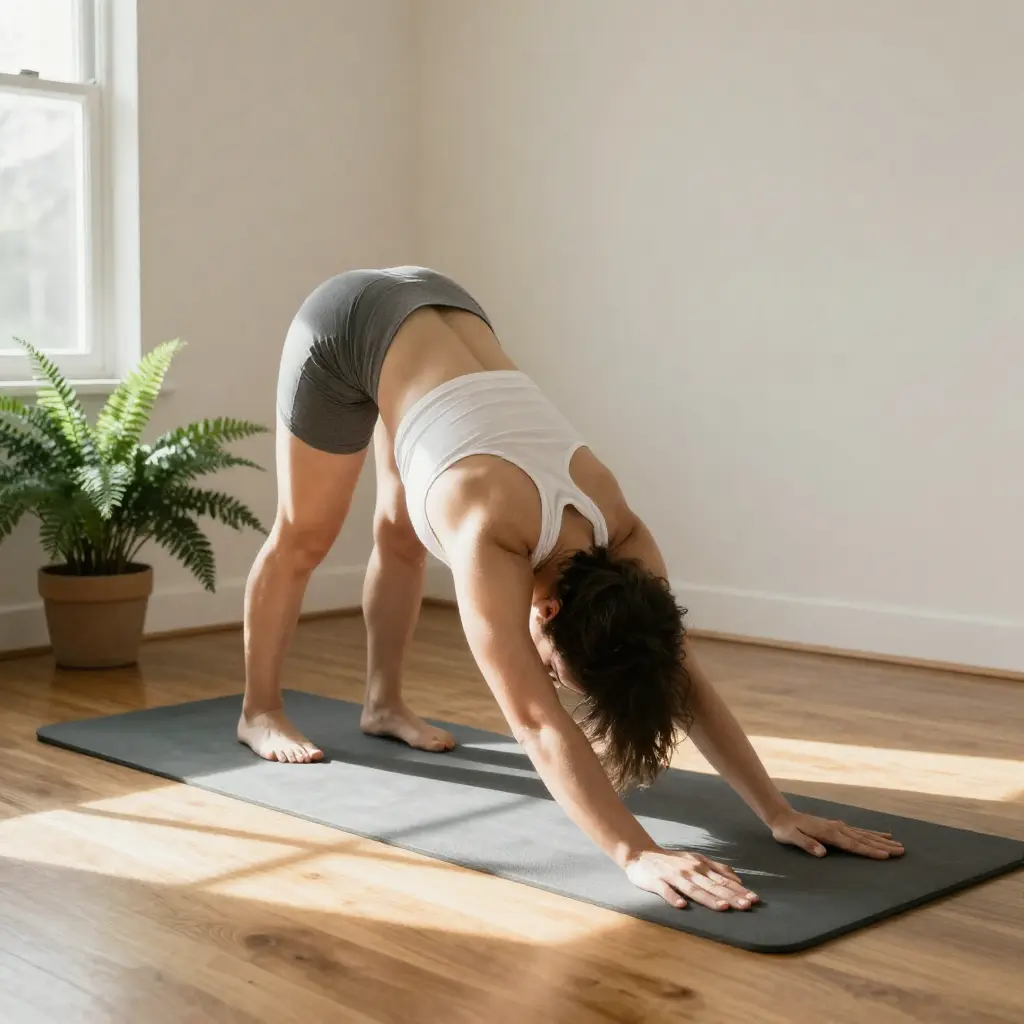 Person performing a gentle morning stretch routine in a bright living room
