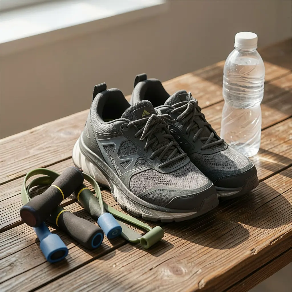 Neatly arranged collection of walking shoes, resistance bands, and a water bottle on a wooden surface